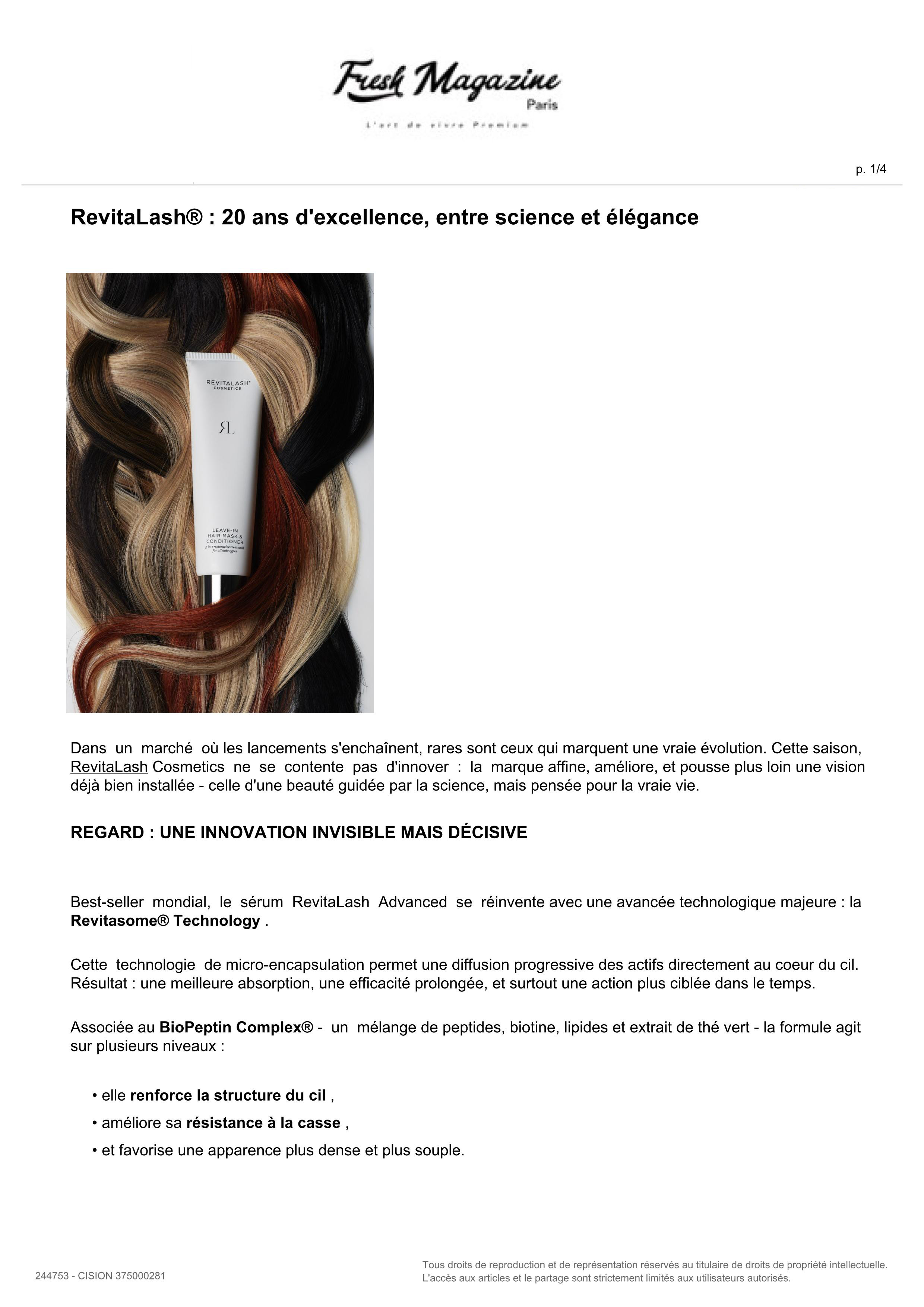 Leave-In Hair Mask & Conditioner de RevitaLash® Cosmetics paru dans Fresh Magazine - Avril 2026